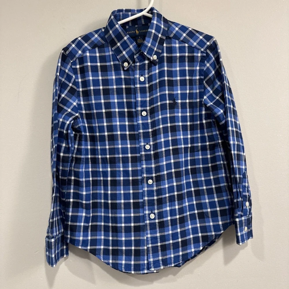 Ralph Lauren Boys Button Up Shirt Cotton Blue Plaid Sz 5‎ Long Sleeve